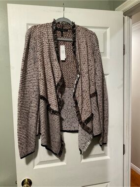 White House Black Market Marled Taupe & Cream Open-Front Cardigan